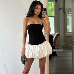 Contrast Color Mini Folds Dress For Women Strapless Sexy Slim Sleeveless Ruched Splice Y2K Beach Female Club Party DressChristmas Gifts