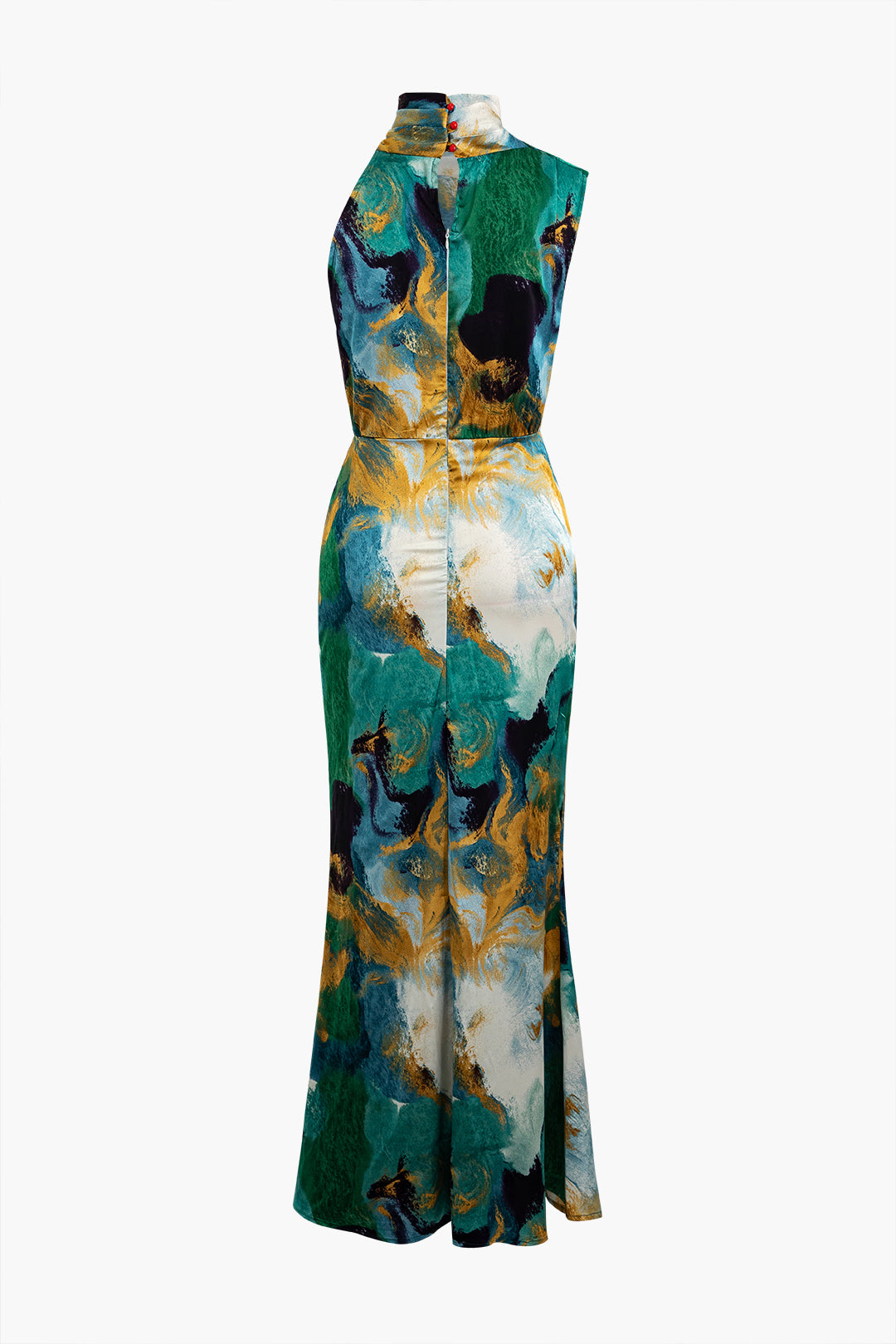 Abstract Print One Shoulder Mock Neck Slit Maxi Dress