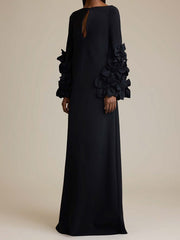 Hollow Solid Color Split-Joint Long Sleeves Loose Round-Neck Maxi Dresses Evening Dresses