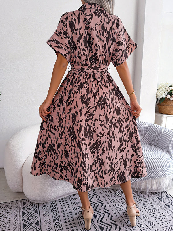 Loose Short Sleeves Leopard Ribbed Lapel Midi Dresses