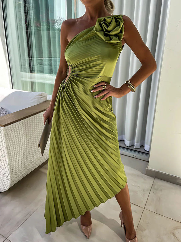 Solid Color Off-The-Shoulder Sleeveless Flower Asymmetric Pleated Maxi Dresses