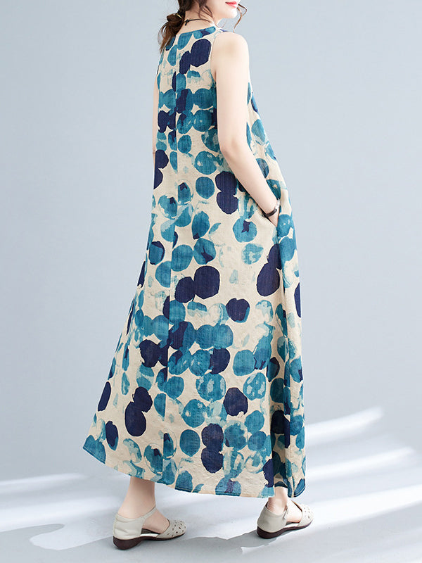 Polka-Dot Loose Sleeveless Round-Neck Maxi Dresses