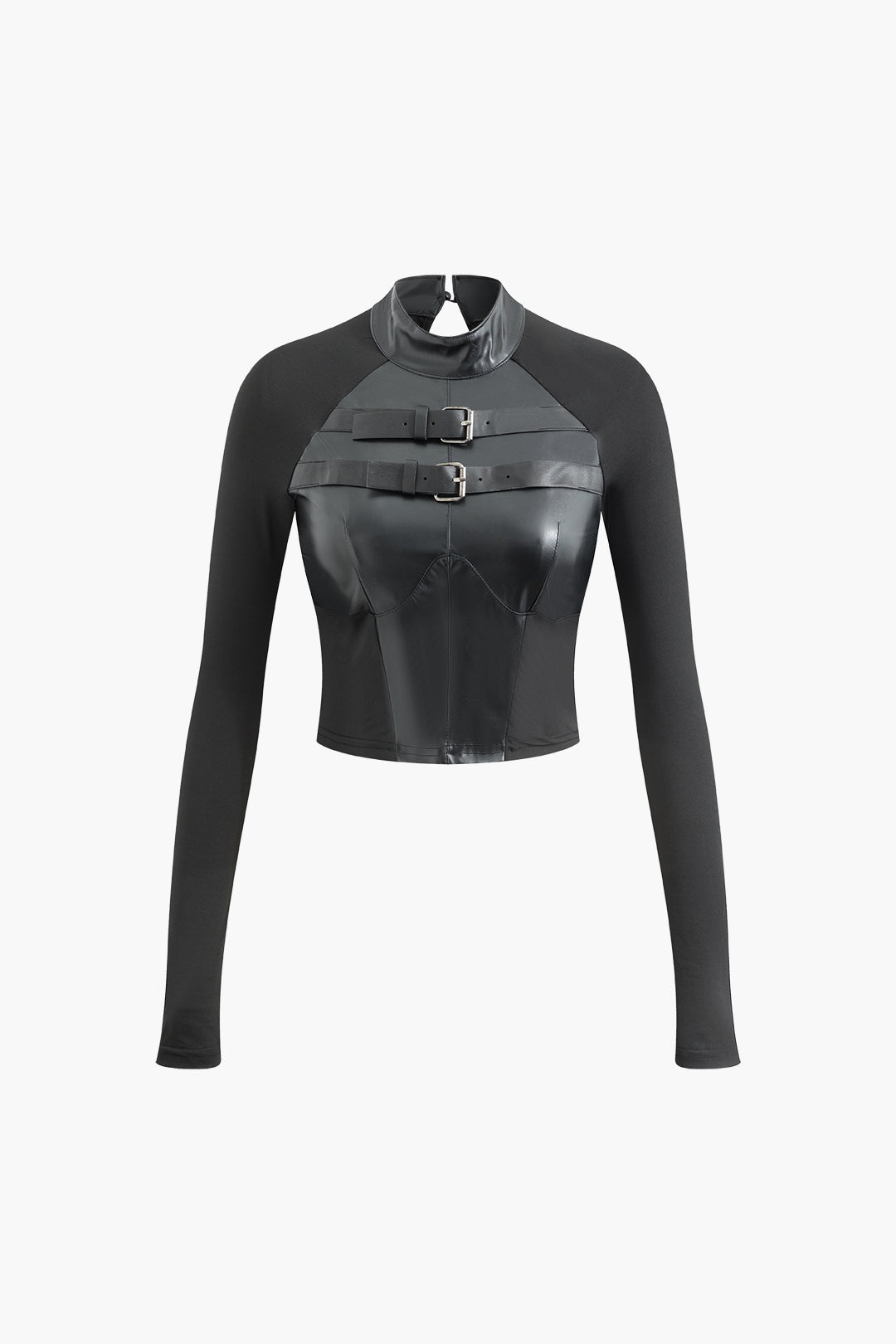 Faux Leather Wear Buckle Long Sleeve Crop Top