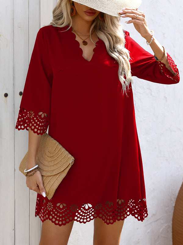 Hollow Solid Color A-Line Loose V-Neck Mini Dresses