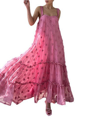 Layered Pleated Split-Joint Three-Dimensional Flower A-Line High Waisted Spaghetti-Neck Maxi Dresses