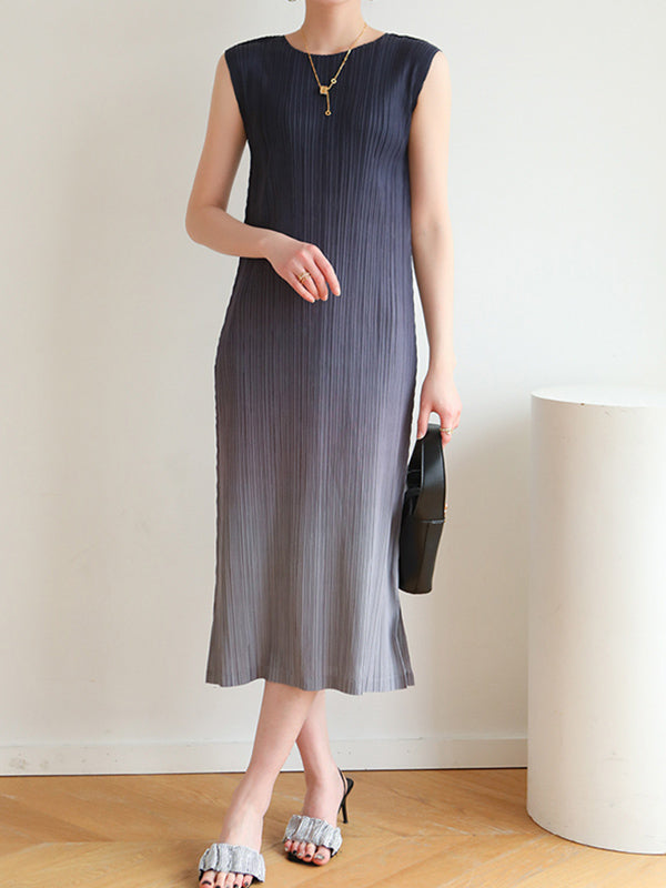 Gradient Pleated Split-Side Loose Sleeveless Round-Neck Midi Dresses