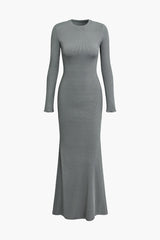 Solid Round Neck Long Sleeve Mermaid Maxi Dress