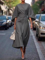 Pleated Solid Color Split-Joint Loose Puff Sleeves Round-neck Midi Dresses