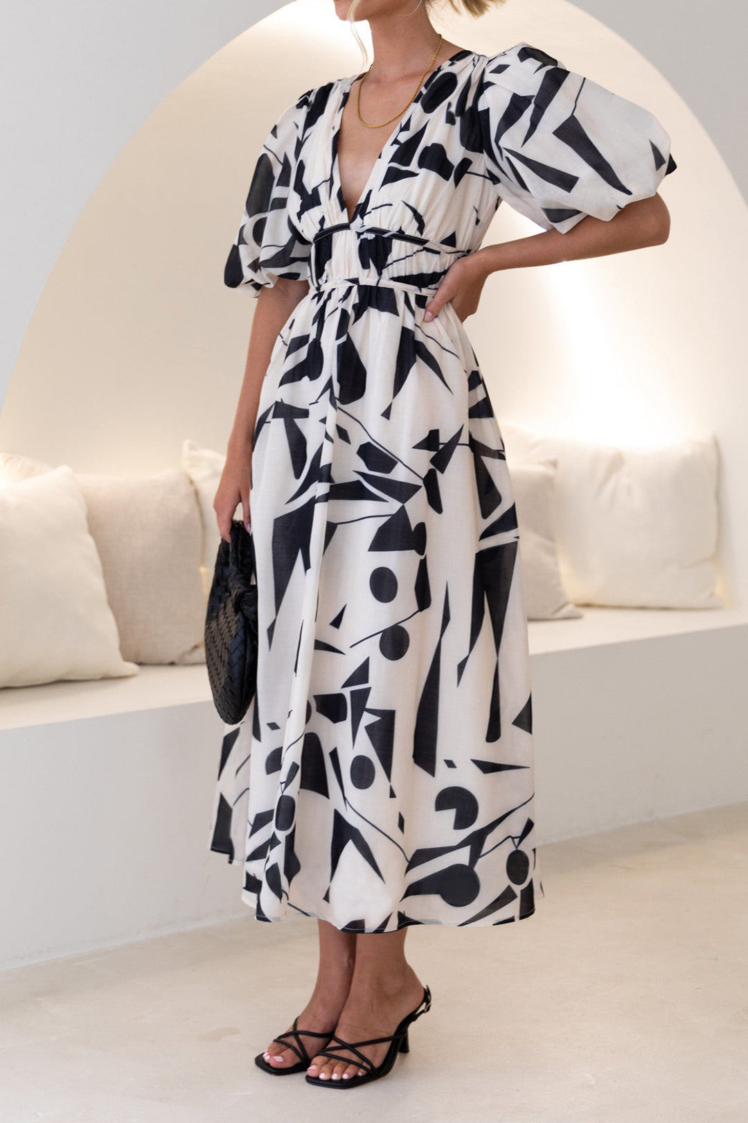 Abstract Print V-neck Midi Dress