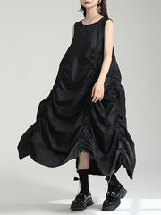Asymmetric Elasticity Pleated Solid Color Loose Sleeveless Round-Neck Midi Dresses