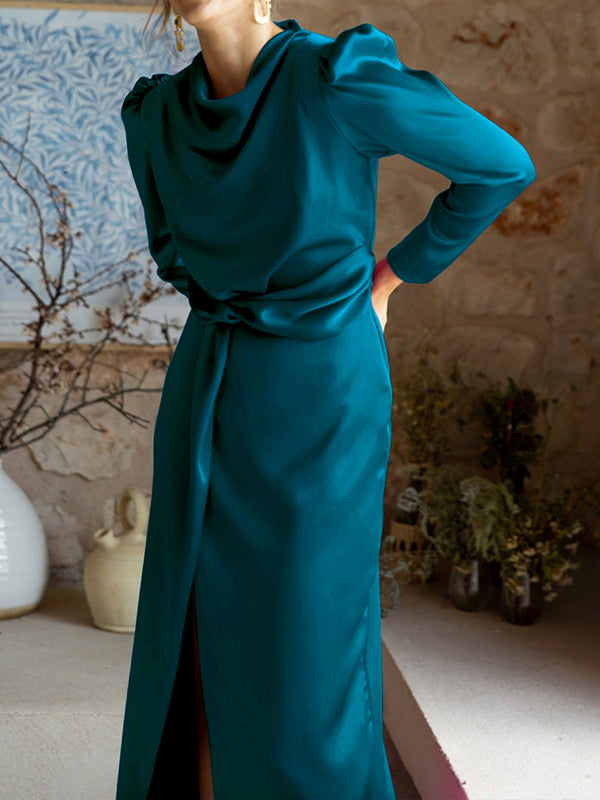 A-Line High Waisted Pleated Solid Color Split-Front Mock Neck Maxi Dresses