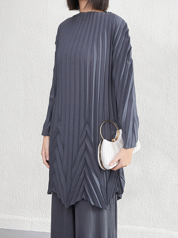 A-Line Long Sleeves Pleated Solid Color Round-Neck Mini Dresses