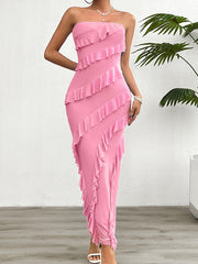 Ruffle Trim Solid Color Split-Back Split-Joint Bodycon High Waisted Tube Maxi Dresses