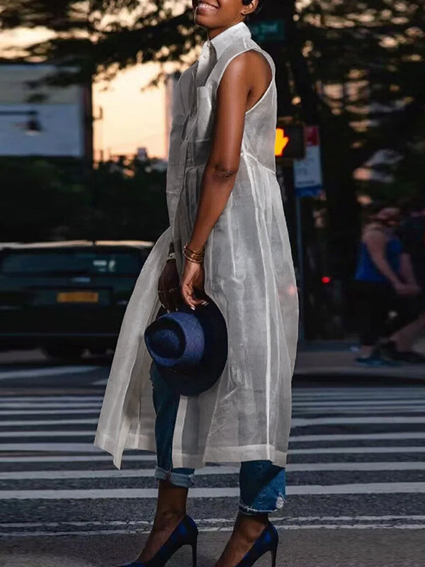Cap Sleeve Loose Buttoned Pockets See-Through Split-Joint Transparent Lapel Midi Dresses Shirt Dress