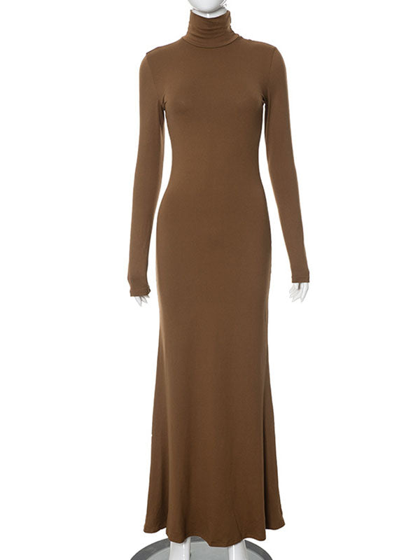 Solid Color Split-Joint Bodycon Long Sleeves High Neck Maxi Dresses
