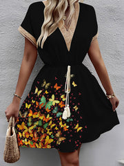 A-Line Loose Butterfly Print Elasticity Hollow Split-Joint Tasseled Tied Waist V-Neck Mini Dresses