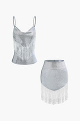 Sequin Fringe Cowl Neck Cami Top And Mini Skirt Set