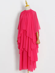 Loose Raglan Sleeve Solid Color Tiered Stand Collar Maxi Dresses