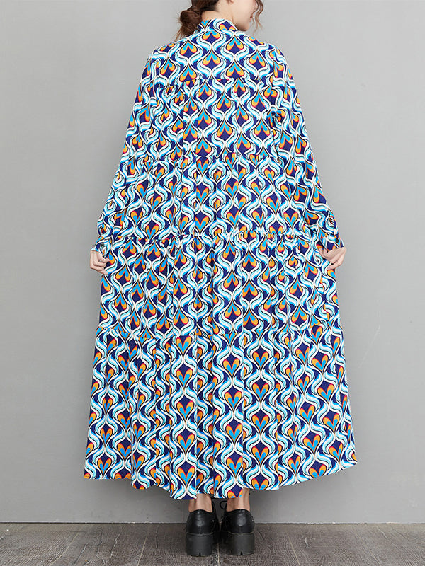 Vintage Long Sleeves Loose Buttoned Contrast Color Printed Stand Collar Midi Dresses