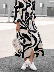 Long Sleeves Loose Contrast Color Pleated Printed Split-Joint Tied Waist Lapel Shirt Dress
