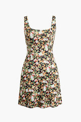 Floral Print Square Neck Sleeveless Mini Dress