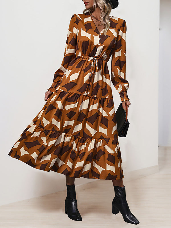 A-Line Long Sleeves Buttoned Elasticity Pleated Printed Split-Joint Tied Waist V-Neck Midi Dresses