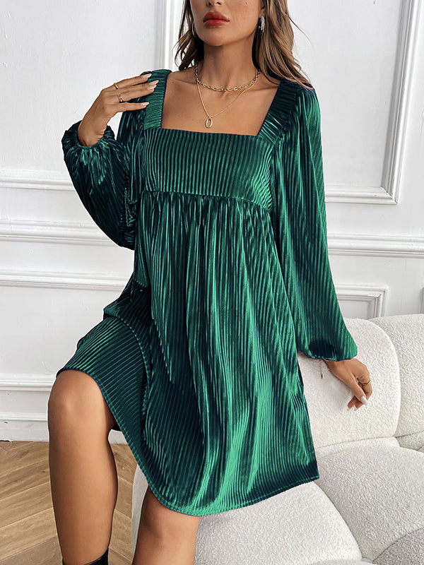 A-Line Long Sleeves Pleated Shiny Solid Color Tied Velvet Square-Neck Mini Dresses