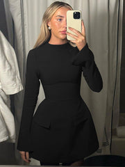 Sexy Slim Mini Dress For Women Two Pocket 2025 Autumn Winter New Long Sleeve A-line Solid Club Party Dress Elegant FemaleChristmas Gifts