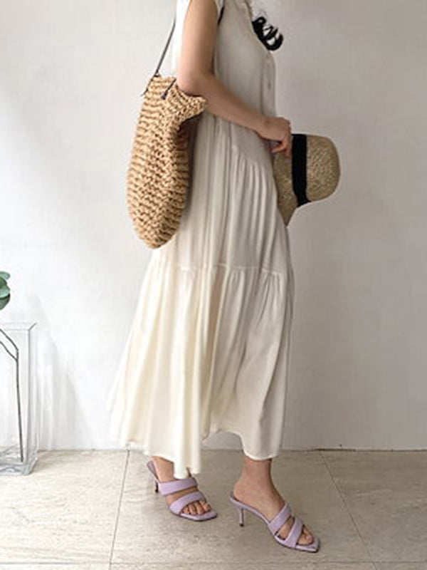 Buttoned Pleated Ruffled Solid Color Split-Joint Tiered A-Line Loose Stand Collar Midi Dresses