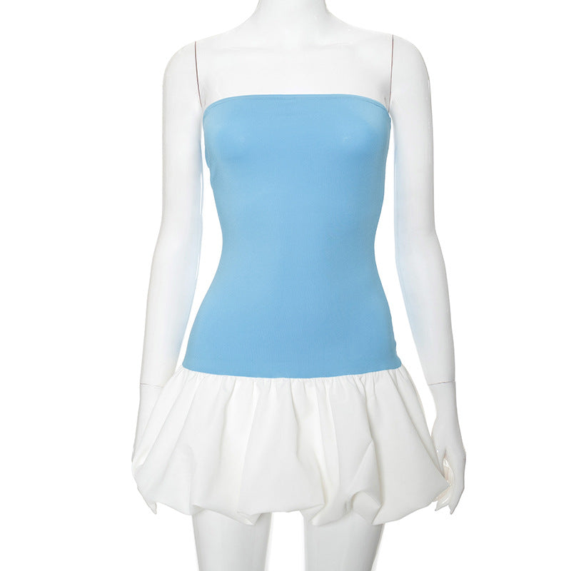 Contrast Color Mini Folds Dress For Women Strapless Sexy Slim Sleeveless Ruched Splice Y2K Beach Female Club Party DressChristmas Gifts