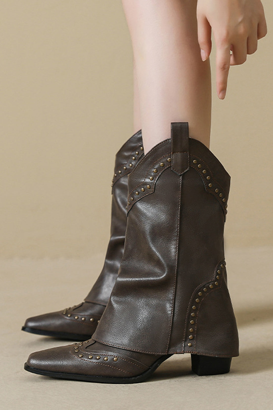 Cowboy Metal Studded Detail Foldover Chunky Heeled Boots