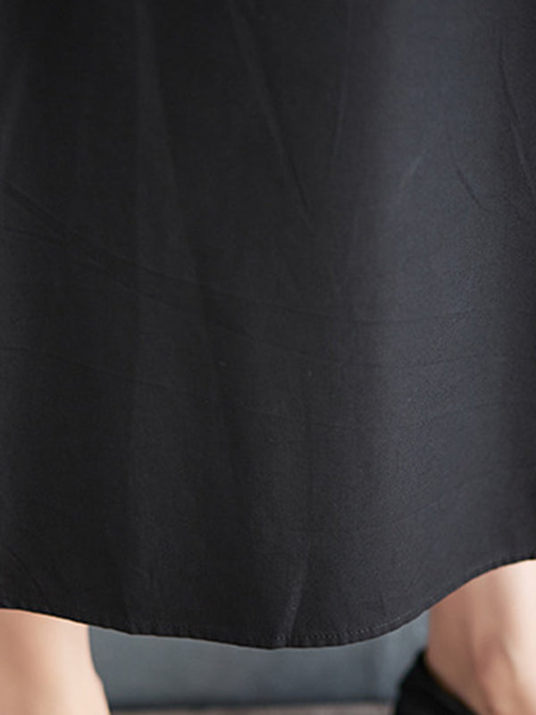 Contrast Color Pockets Printed Loose Short Sleeves Round-Neck Midi Dresses