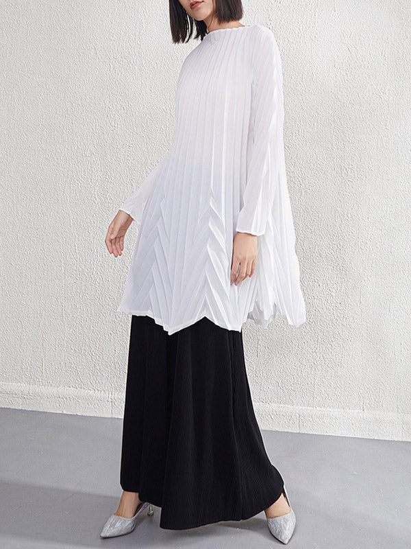 A-Line Long Sleeves Pleated Solid Color Round-Neck Mini Dresses