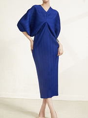 Batwing Sleeves Three-Quarter Sleeves Pleated Solid Color V-Neck Midi Dresses