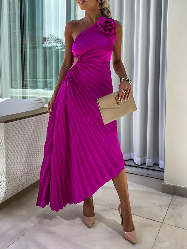Solid Color Off-The-Shoulder Sleeveless Flower Asymmetric Pleated Maxi Dresses
