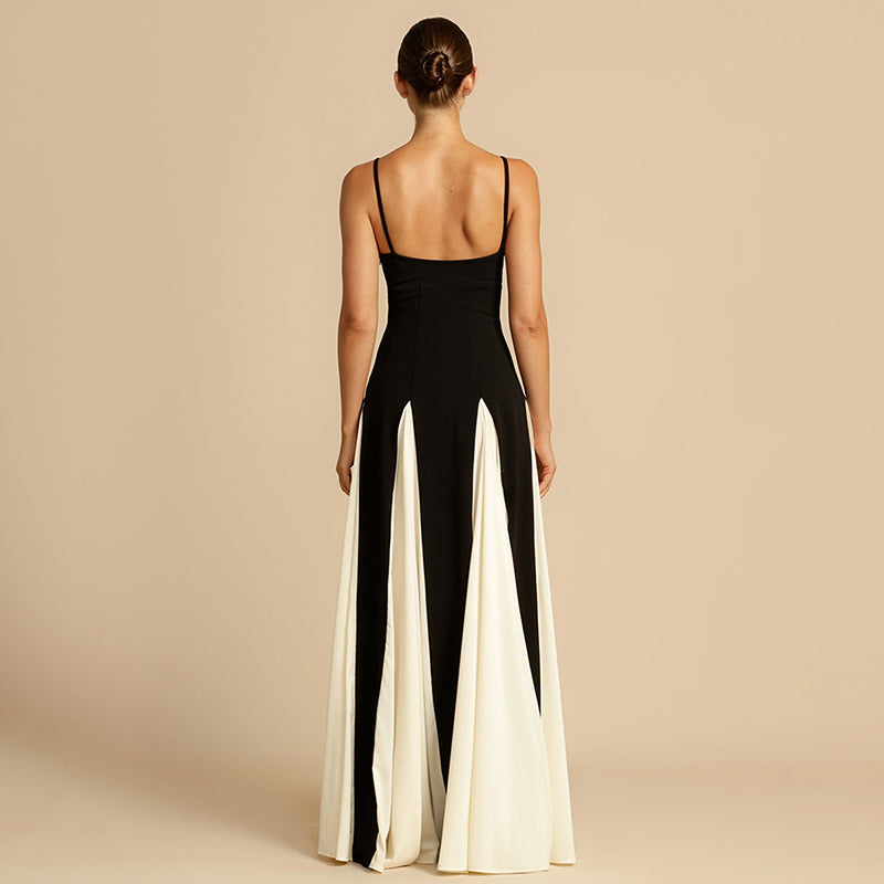 Contrast Color Suspender Maxi Evening Dress Women's With Lining Sexy Backless Splice Sleeveless Long Party Dress FemaleChristmas Gifts