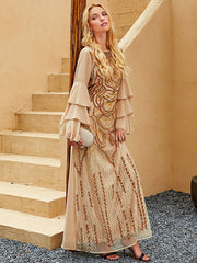 Vintage Flared Sleeves Sequined Round-Neck Midi Dress