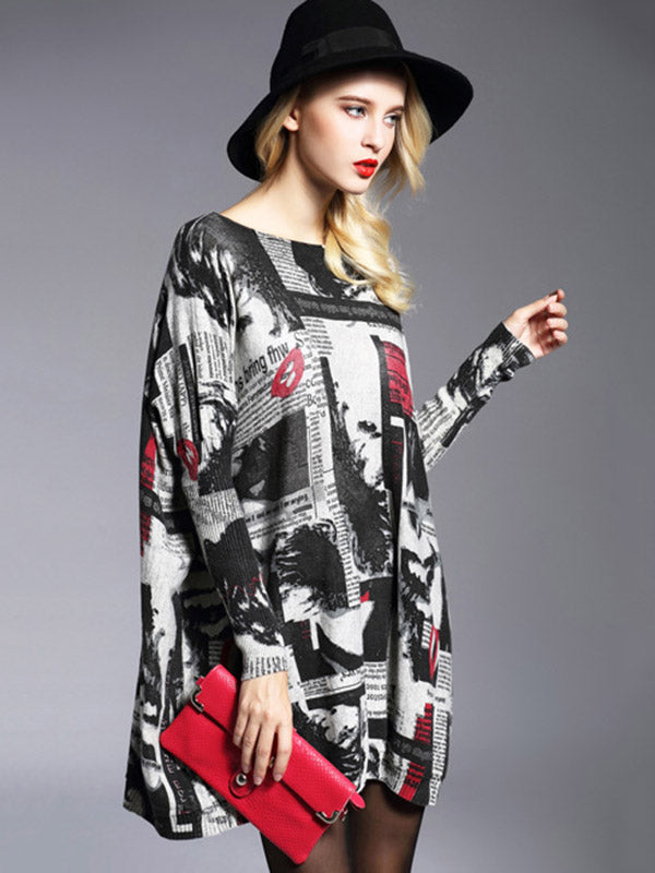 Urban Loose One-Shoulder Printed Split-Joint Sweater