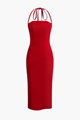 Solid Tie Halter Midi Dress