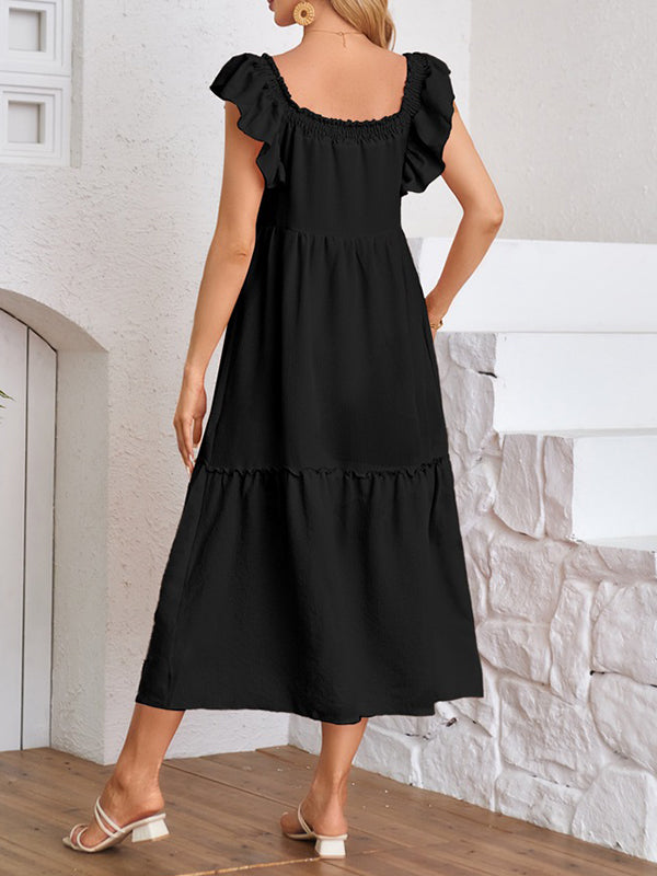 A-Line Loose Elasticity Pleated Ruffled Solid Color Split-Joint Off-The-Shoulder Midi Dresses
