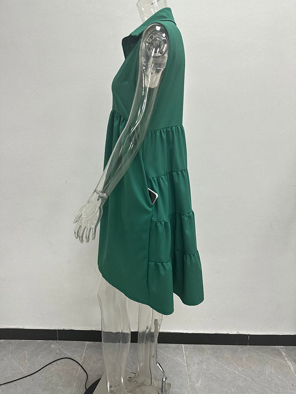 A-Line High Waisted Buttoned Pleated Pockets Solid Color Lapel Mini Dresses