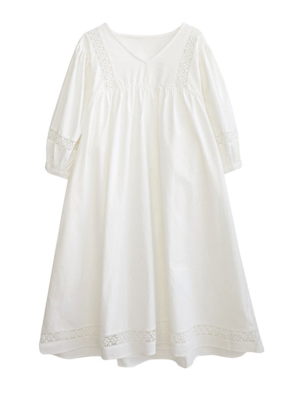 Vintage Hollow Split-Joint Loose Bishop Sleeve Midi Dress