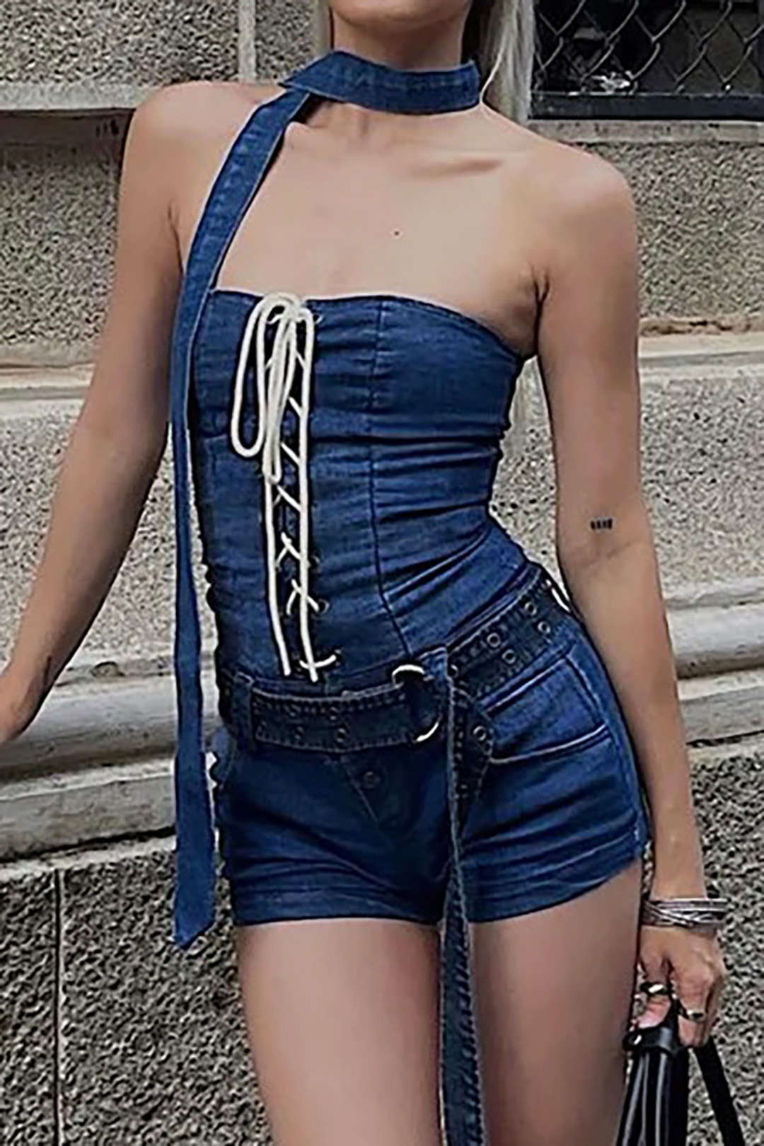 Lace-up Belted Denim Strapless Romper With Scarf