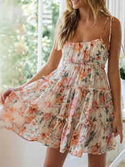 Flower Print Layered Pleated Split-Joint Tied A-Line Loose Spaghetti-Neck Mini Dresses