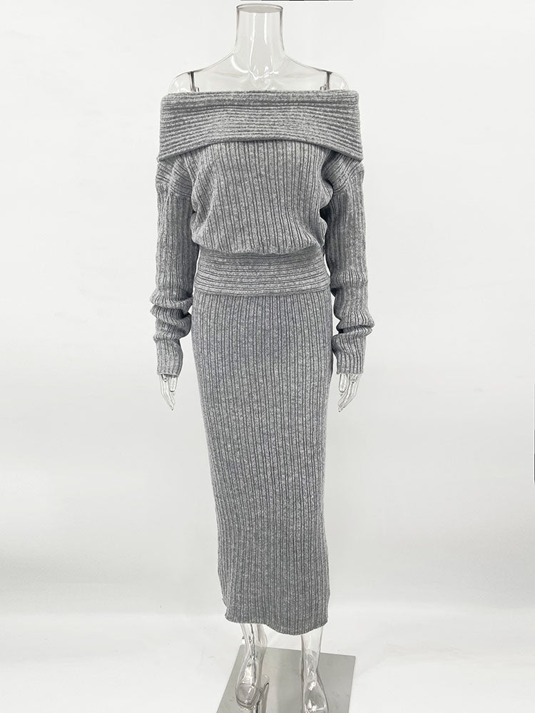 Knitted Skirt 2 Piece Set Women's One-Shoulder Long Sleeves Sweater Pullover Elegant Slim Fit Long Skirt Suit Autumn NewChristmas Gifts