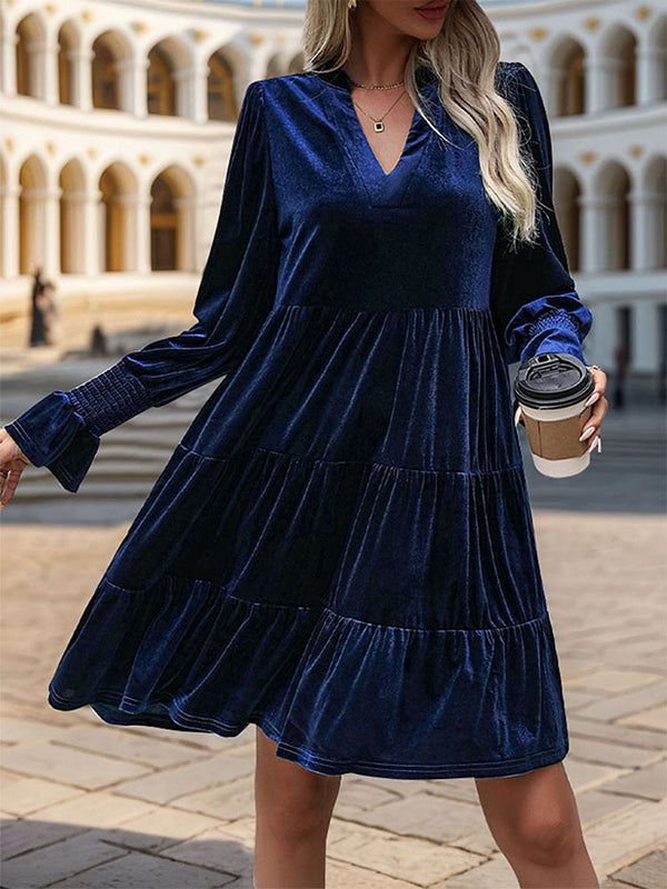 Pleated Solid Color Velvet A-Line Long Sleeves V-Neck Mini Dresses