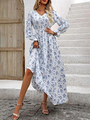 Elasticity Floral Printed Long Sleeves Loose V-neck Maxi Dresses