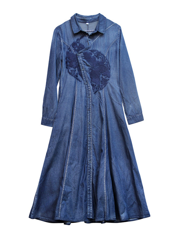 Vintage Bohemia Embroidered A-Line Dress Denim Midi Dress