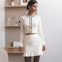 Strickrock-Set Damen Elegant O-Ausschnitt Langarm Cardigan Top Schlank Retro Kurz A-Linien-Rock Strick-Rüschenrock-Set 