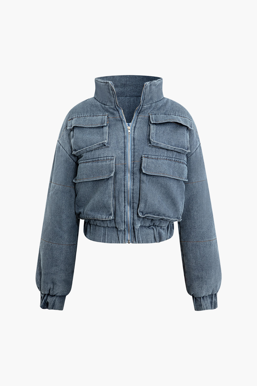 Stand Collar Flap Pocket Zipper Denim Coat